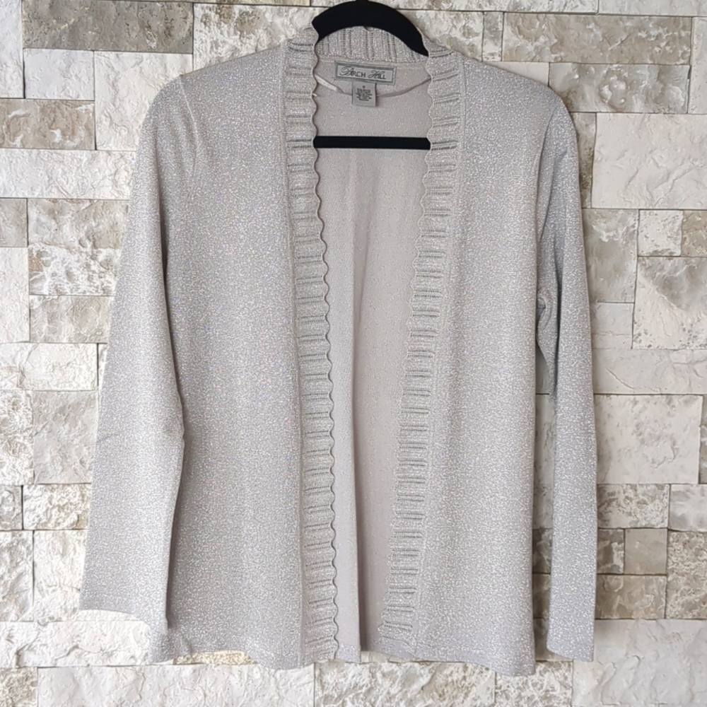 Birch Hill Vintage Sweater Jacket Metallic Silver Open Front Y2K Elegant Glam